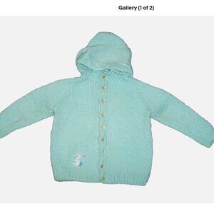 Vintage 70s Toddler Blue Knit Cardigan Sweater with Embroidered Bunny Rabbit